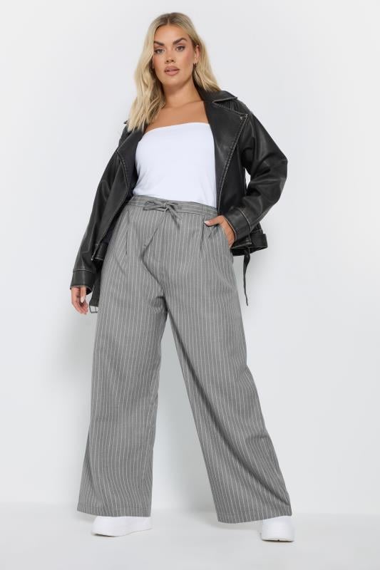 Evans YOURS Curve Grey Pinstripe Wide Leg Trousers
