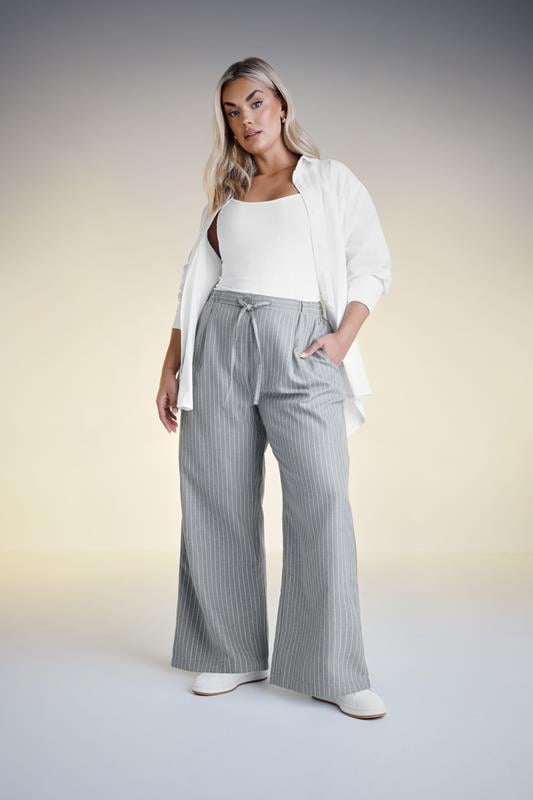 evans YOURS Curve Grey Pinstripe Wide Leg Trousers