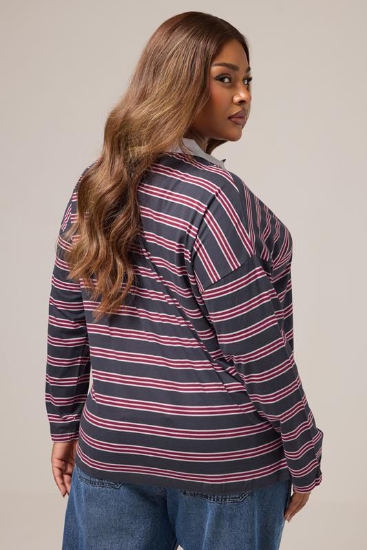 Evans YOURS Curve Grey & Red Stripe Rugby Collar Top