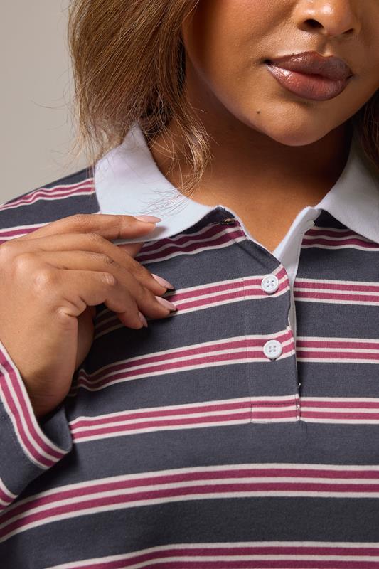 Evans YOURS Curve Grey & Red Stripe Rugby Collar Top