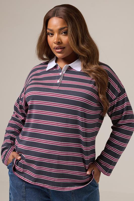 evans YOURS Curve Grey & Red Stripe Rugby Collar Top