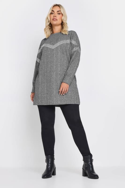 Evans YOURS Curve Grey Ribbed Chevron Stud Jumper
