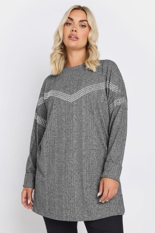 evans YOURS Curve Grey Ribbed Chevron Stud Jumper