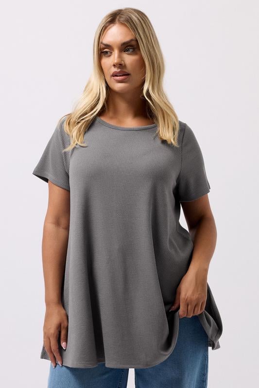 evans YOURS Curve Grey Ribbed Soft Touch T-Shirt