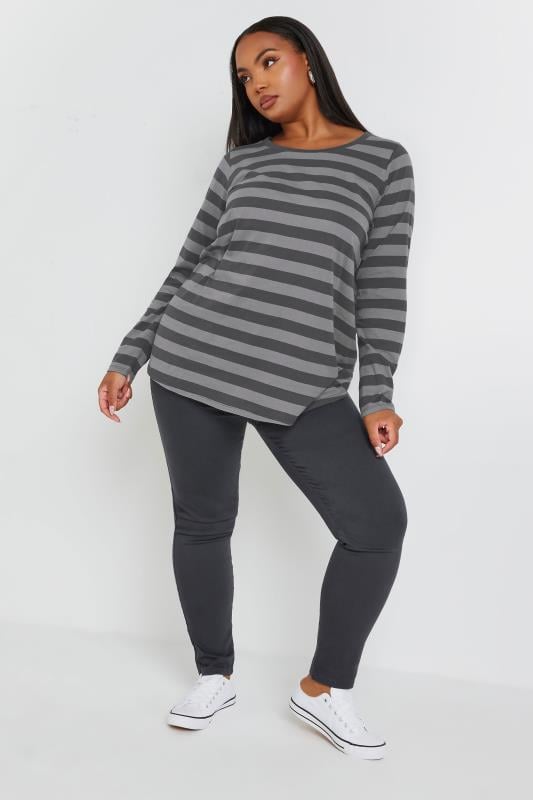 Evans YOURS Curve Grey Stripe Long Sleeve T-Shirt