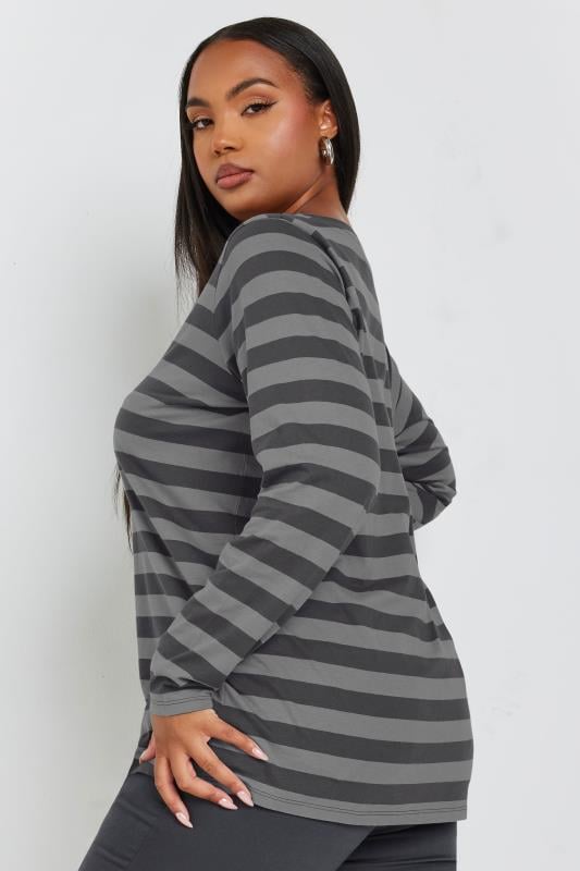 Evans YOURS Curve Grey Stripe Long Sleeve T-Shirt