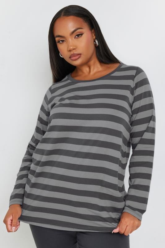 evans YOURS Curve Grey Stripe Long Sleeve T-Shirt