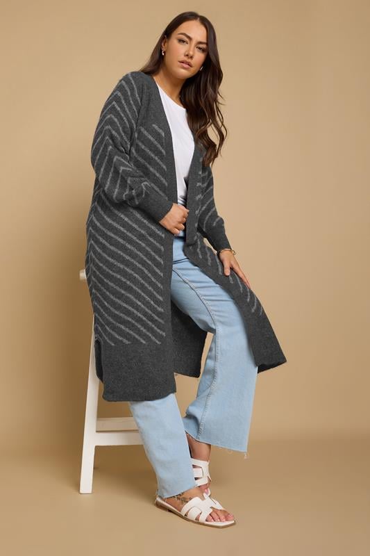 Evans YOURS Curve Grey Striped Longline Cardigan