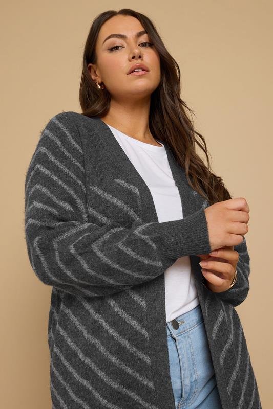 Evans YOURS Curve Grey Striped Longline Cardigan