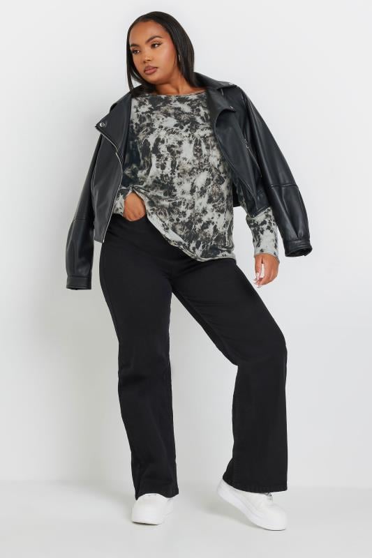 Evans YOURS Curve Grey Tie Dye Long Sleeve T-Shirt