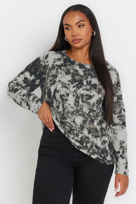 evans YOURS Curve Grey Tie Dye Long Sleeve T-Shirt