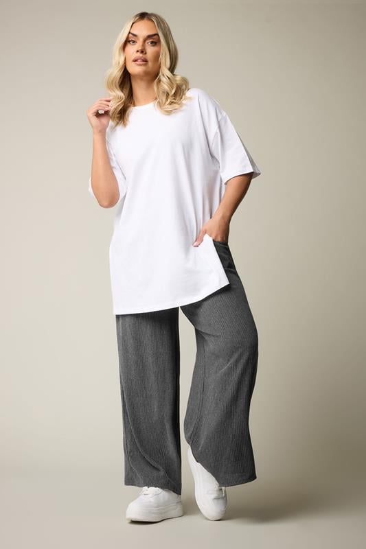 Evans YOURS Curve Grey Wide Leg Textured Trousers
