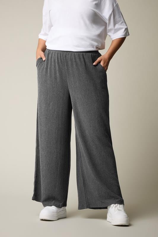 evans YOURS Curve Grey Wide Leg Textured Trousers