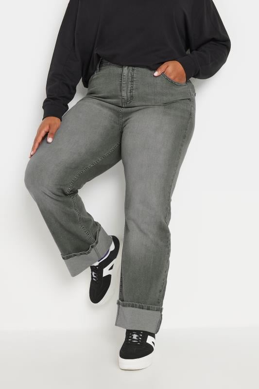 evans YOURS Curve Grey Wide Leg Turn Up Jeans