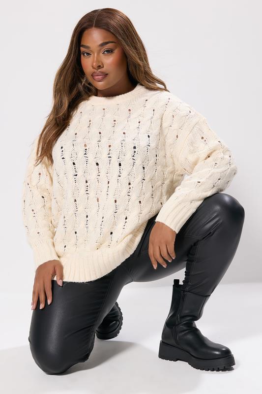 evans YOURS Curve Ivory White Cable Knit Jumper