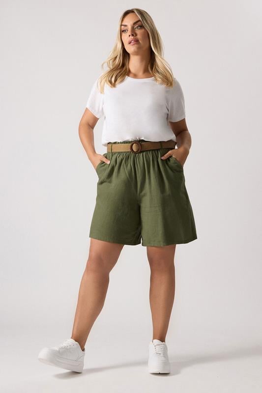 Evans YOURS Curve Khaki Green Belted Linen Shorts