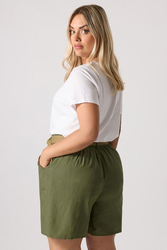 Evans YOURS Curve Khaki Green Belted Linen Shorts