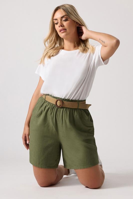 evans YOURS Curve Khaki Green Belted Linen Shorts