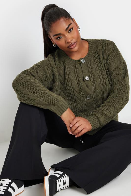evans YOURS Curve Khaki Green Cable Knit Cardigan