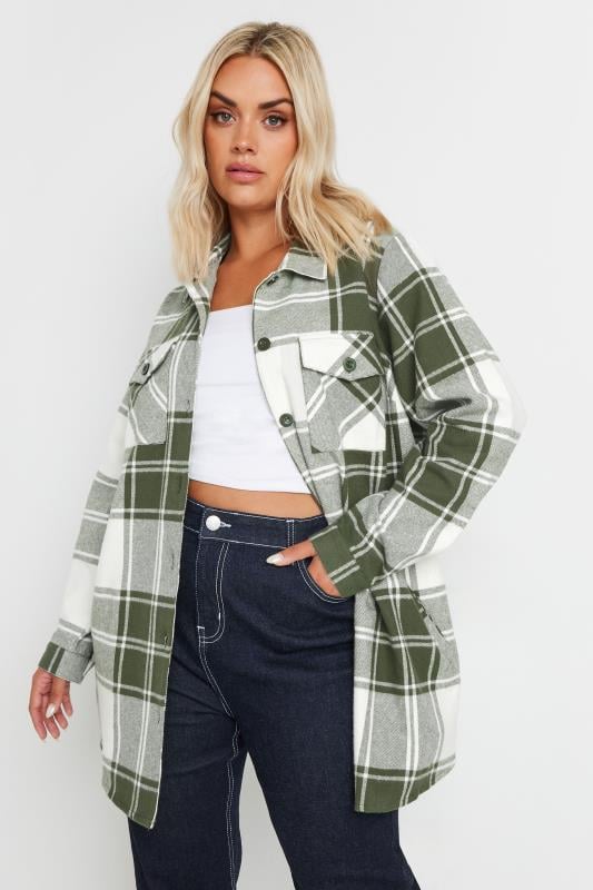 evans YOURS Curve Khaki Green Check Shacket