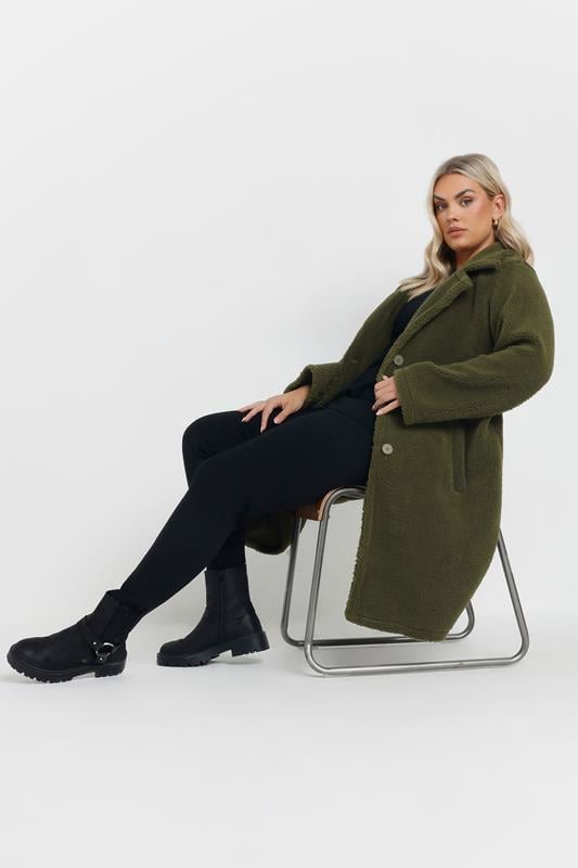 Evans YOURS Curve Khaki Green Faux Fur Teddy Coat