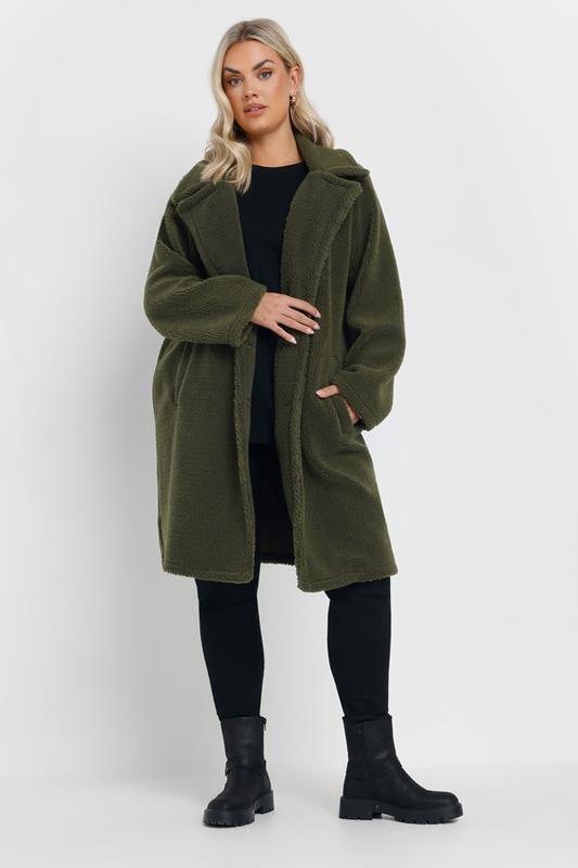 evans YOURS Curve Khaki Green Faux Fur Teddy Coat