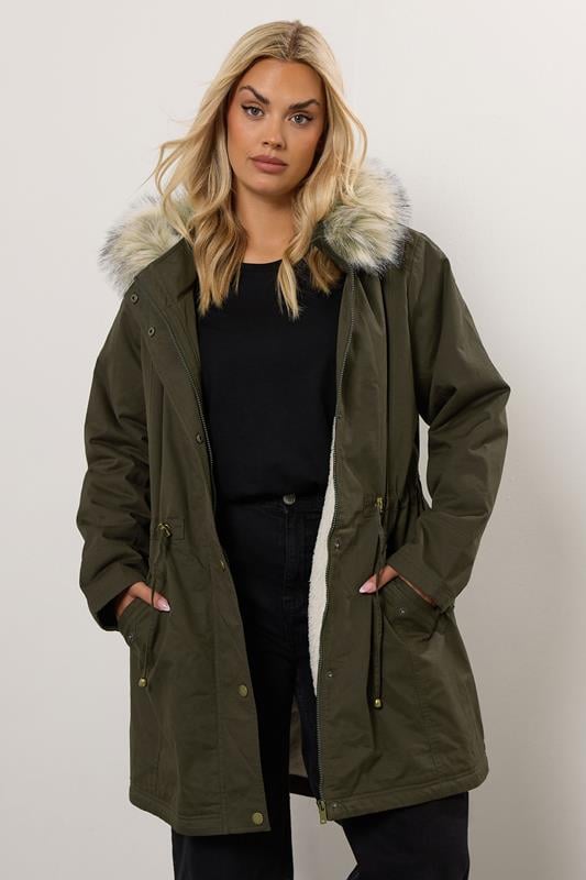 evans YOURS Curve Khaki Green Fur Trim Parka Coat