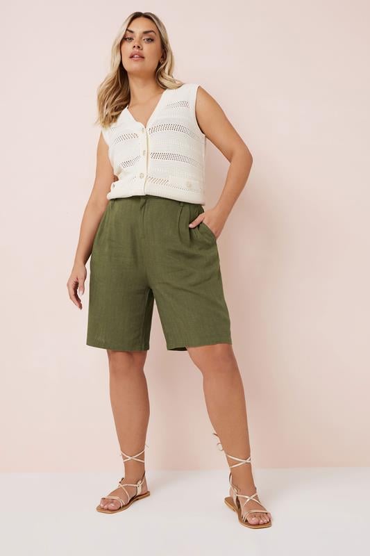 Evans YOURS Curve Khaki Green Linen Bermuda Shorts