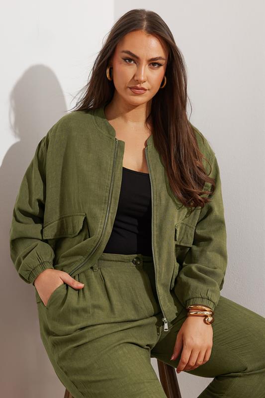 Evans YOURS Curve Khaki Green Linen Bomber Jacket