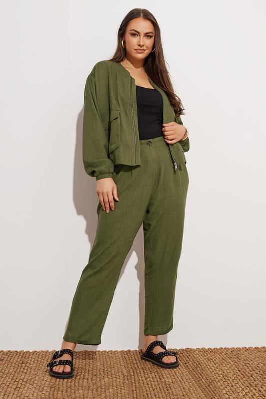 Evans YOURS Curve Khaki Green Linen Bomber Jacket