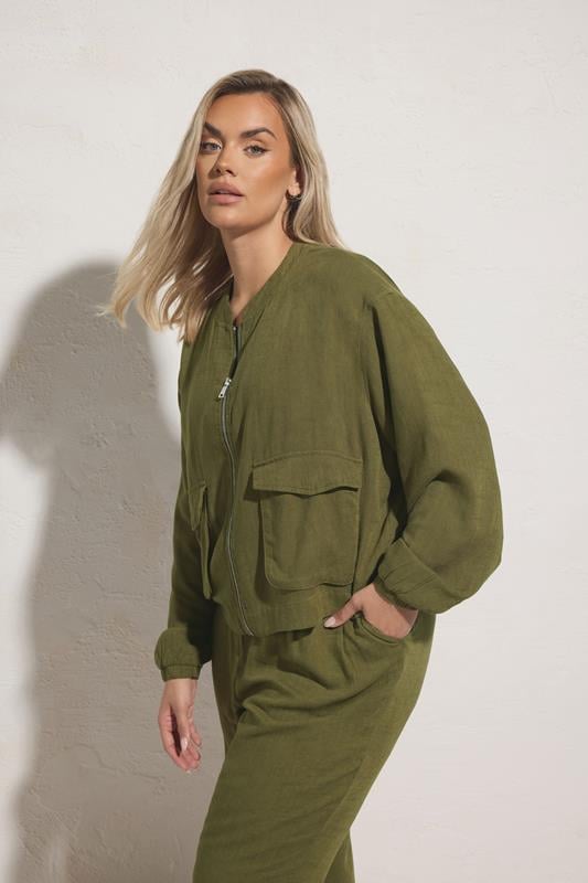 evans YOURS Curve Khaki Green Linen Bomber Jacket