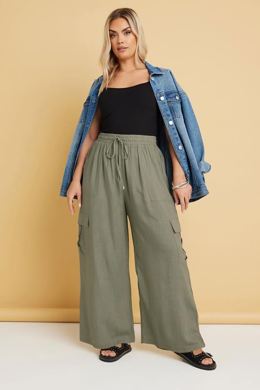 Evans YOURS Curve Khaki Green Linen Cargo Trousers
