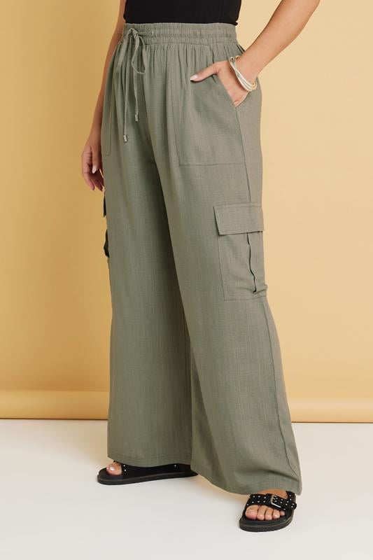 Evans YOURS Curve Khaki Green Linen Cargo Trousers