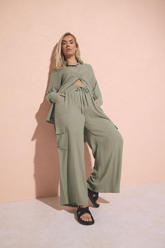 evans YOURS Curve Khaki Green Linen Cargo Trousers