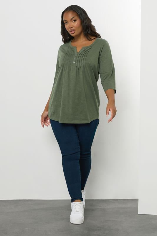 Evans YOURS Curve Khaki Green Pintuck Henley Top