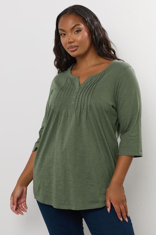 evans YOURS Curve Khaki Green Pintuck Henley Top