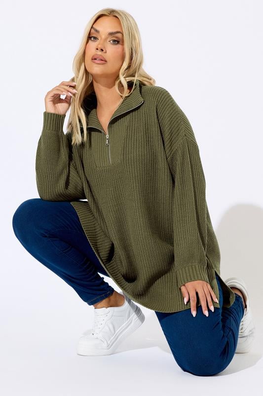 evans YOURS Curve Khaki Green Quarter Zip Jumper