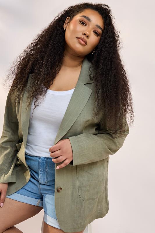 Evans YOURS Curve Khaki Green Relaxed Linen Blazer