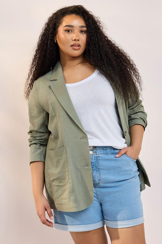 evans YOURS Curve Khaki Green Relaxed Linen Blazer