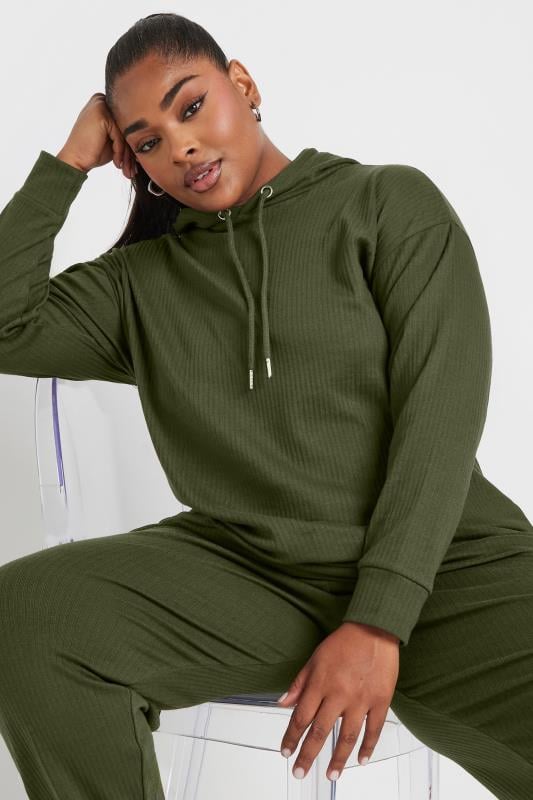 evans YOURS Curve Khaki Green Ribbed Hoodie