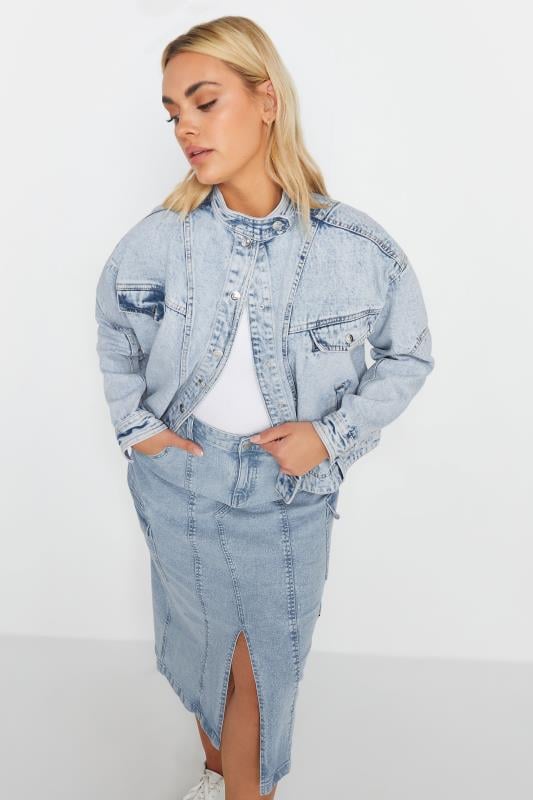 evans YOURS Curve Light Blue Denim Biker Jacket