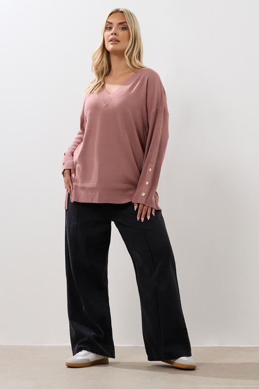 Evans YOURS Curve Light Pink Button V-Neck Jumper