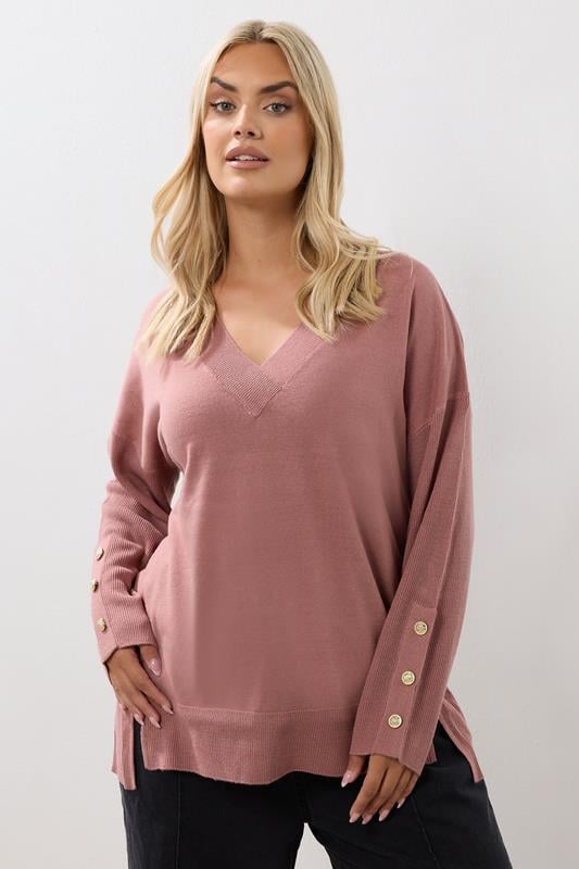 evans YOURS Curve Light Pink Button V-Neck Jumper