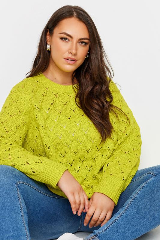 evans YOURS Curve Lime Green Crochet Jumper