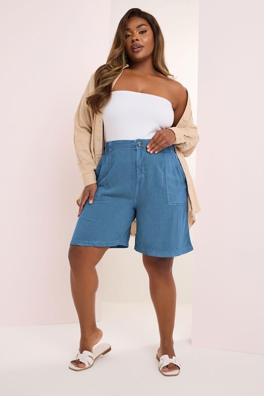 Evans YOURS Curve Mid Blue Chambray Pull On Shorts