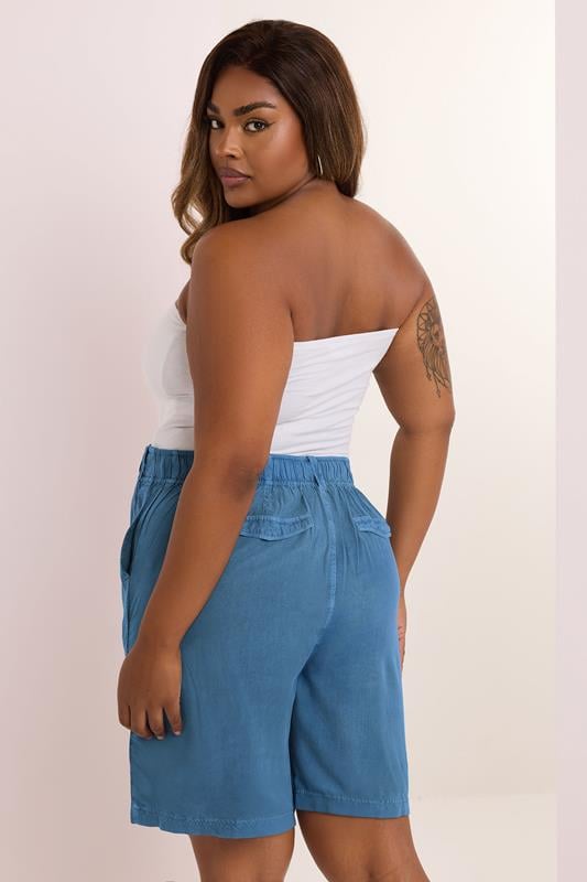 Evans YOURS Curve Mid Blue Chambray Pull On Shorts