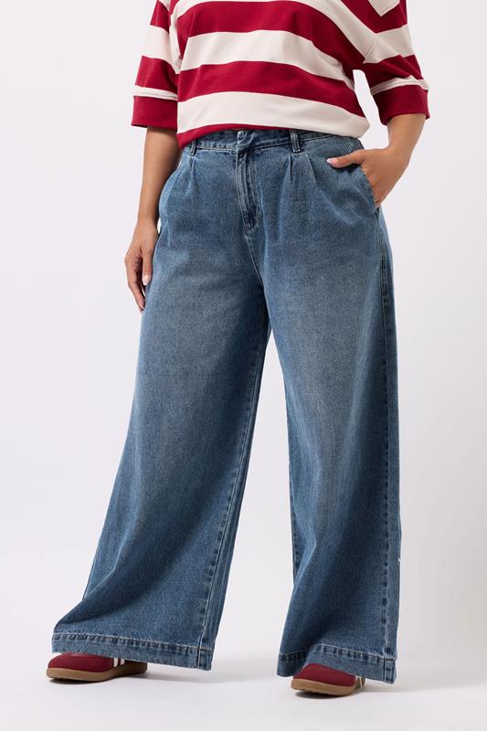 Evans YOURS Curve Mid Blue Pleated Wide Leg Jeans