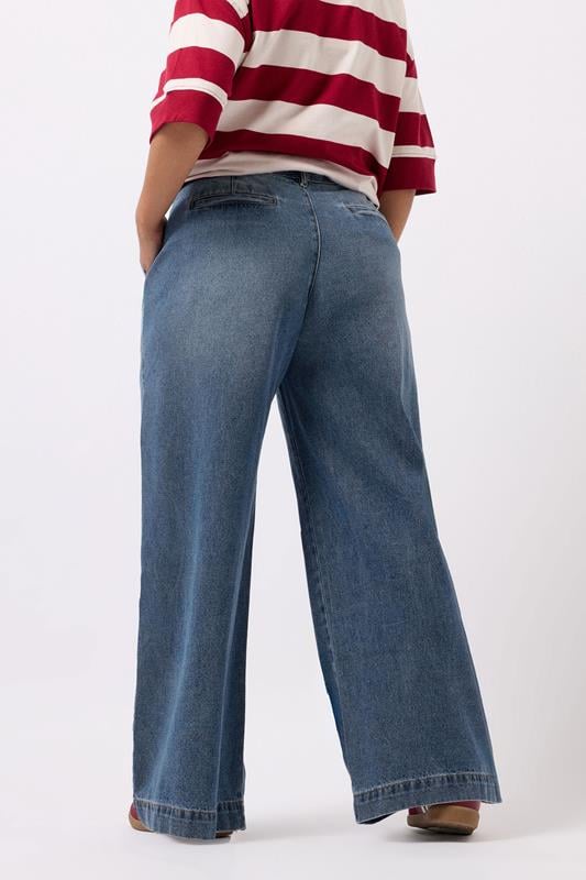 Evans YOURS Curve Mid Blue Pleated Wide Leg Jeans