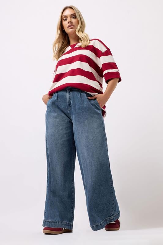 evans YOURS Curve Mid Blue Pleated Wide Leg Jeans
