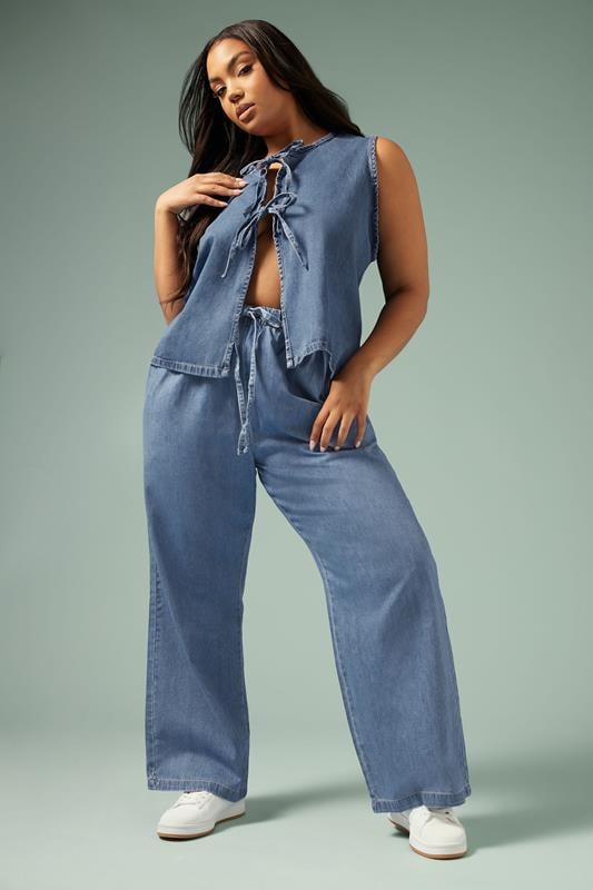evans YOURS Curve Mid Blue Tie Detail Denim Jeans